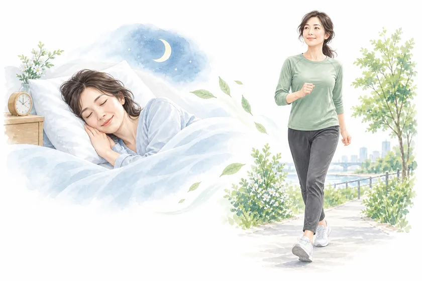 穏やかに眠る女性とウォーキングする女性