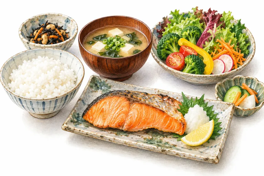 ご飯、味噌汁、焼き魚と彩り豊かな野菜の和定食